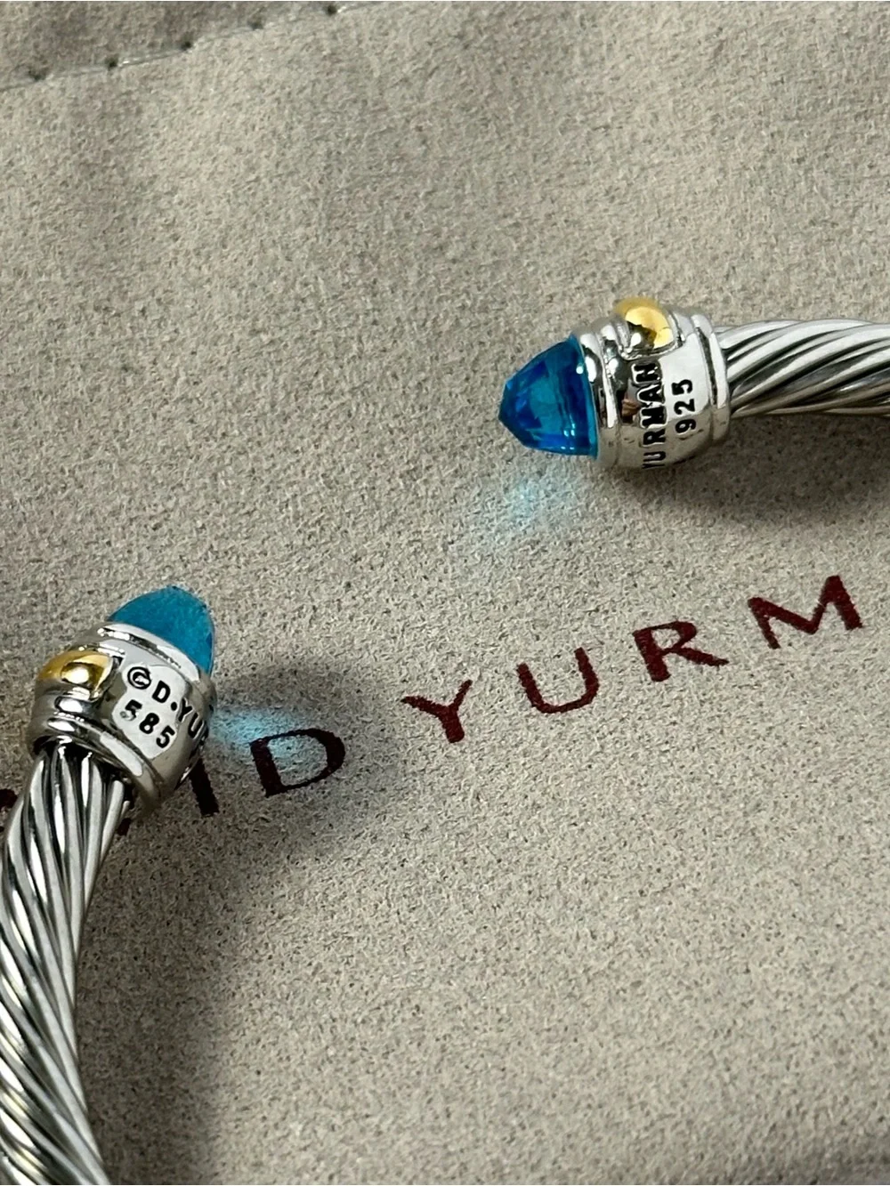 David Yurman 5mm Cable Classics Blue Topaz and 14K Gold Accent Cuff Bracelet